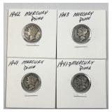 (4) 1941-1943 Mercury Silver Dimes, US 90%