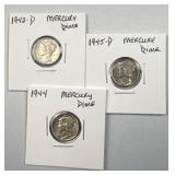 (3) 1942-D, 1944, 1945-D Mercury Silver Dimes