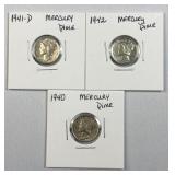 (3) 1940, 1941-D, 1942 Mercury Silver Dimes