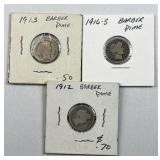 (3) 1912, 1913, 1916-S Barber Silver Dimes