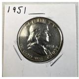 1951 Franklin Silver Half Dollar, 50c US 90% Coin