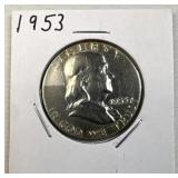 1953 Franklin Silver Half Dollar, 50c US 90% Coin