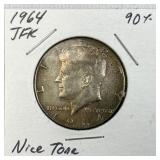 1964 Silver JFK Kennedy Half Dollar 50c 90% Toned