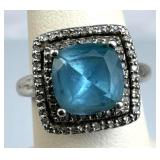 925 Silver Vtg Blue Topaz Double Diamond Halo Ring