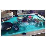 Sango coffee cups, Pyrex dishes, wok, colander ,