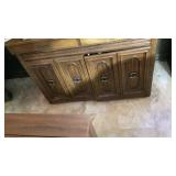 Singer, sewing machine in cabinet, thread, spool