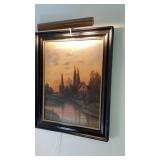 Nice wooden frame painting 28 x 36" with light