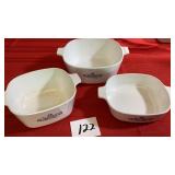 Three Corning Ware Casserole Dishes:  2.5qt,