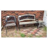 Metal end bench and chair, wooden rack, end table