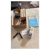 GE projector lamp, world map, crayons, misc