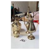 3 vintage etched brass teapots. Brass lidded