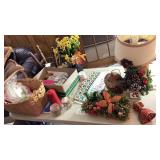 Basket, plates, lamp, misc decor, vase