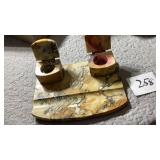 Marble double ink well, 2 missing, brass knobs,