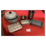 Assorted bake/cookware- aluminum pot and lid,