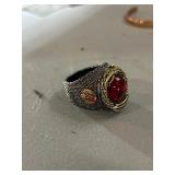 Size 11 Ring with Red Stone and Gold Accents