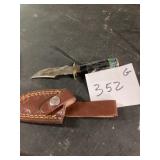 Knife with Damascus Blade and Leather Sheath