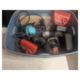 Tote of Chargers, Batteries, and Water Pump