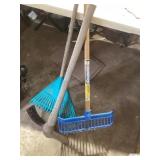 Pick Axe and Two Rakes with Wooden Handles
