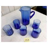 Cobalt blue water pitcher w/5 glasses