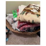 Basket of towels, and miscellaneous items