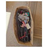 Miscellaneous box of wires and tools and rubix cube