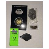 Harley-Davidson commemorative gold coins and pins, lapel pin, belt buckle and keychain