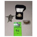 AMA route 66 pin, Harley-Davidson pin, and Harley-Davidson magnetic emblem