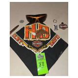 Harley Davidson sunglasses, Keychain, handkerchief, and emblems
