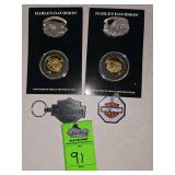 Harley-Davidson commemorative gold coins and pins, keychains