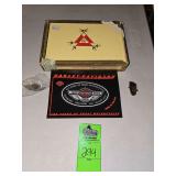 Monte Cristo cigar box, Harley-Davidson patches and pins