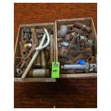 Steel and copper pipe fittings and valves. Old coca-cola wooden box, DuBev Inc wooden box