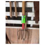Hand tools, small pitchfork, pruner, saws, shovels