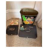 Metal waste basket, two storage boxes