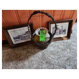 2 vintage art print of a barn by Robert Nidy, basket with vase