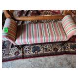 vintage Ethan Allen upholstered window bench with rolled arms and Georgian-style carved solid walnut legs.