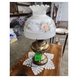 vintage Aladdin Simplicity Model B76 electrified kerosene oil lamp with a hand-painted floral milk glass melon shade.