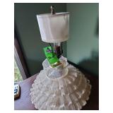 vintage-style table lamp with a ruffled, lace-trimmed shade