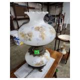vintage Gone with the Wind-style hurricane lamp with a hand-painted floral design on milk glass