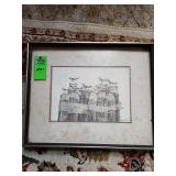 pencil drawing of several birds perched on wooden posts, signed "Jo Ko."