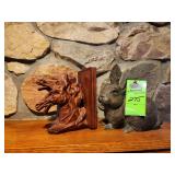 Wooden horse bookend and bronze rabbit
