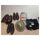King size satin sheet set, hat, 3 scarves, and 3 pair dress shoes (size 10.5)