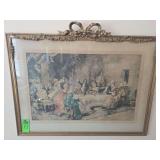 framed hand-colored print, likely a lithograph, after the Spanish artist Vicente García de Paredes. 
The artwork is known as "The Favourite Party of Louis XV at Choisy".