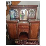 French 19th-century Louis XVI-style mahogany, ormolu, and Fleur de Pêcher marble buffet with a mirror.