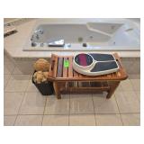 Bathroom scale, clothes/towel bench, and assorted decorative sponges