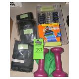 Razor refills, 3 large drawstring bags new, 2 hand weights and a resistance band