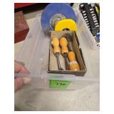 Vintage Brookstone cabinet scraper set, and 2 measuring tapes