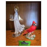 Glass Angel candle holder and cardinal knicknack