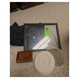 Small Tumi duffle bag, tub of clear decorative marbles, glass frame, and genuine alabaster keepsake box