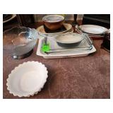 Casserole dishes and serving trays and miscellaneous items