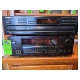 Onkyo stereo system with 2 12" pedestal speakers and an 18" Polk speaker